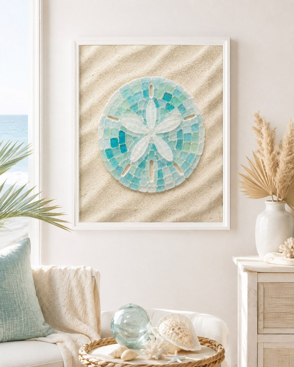 Sea glass sand dollar poster in a beach house room, AI-generated mockup
