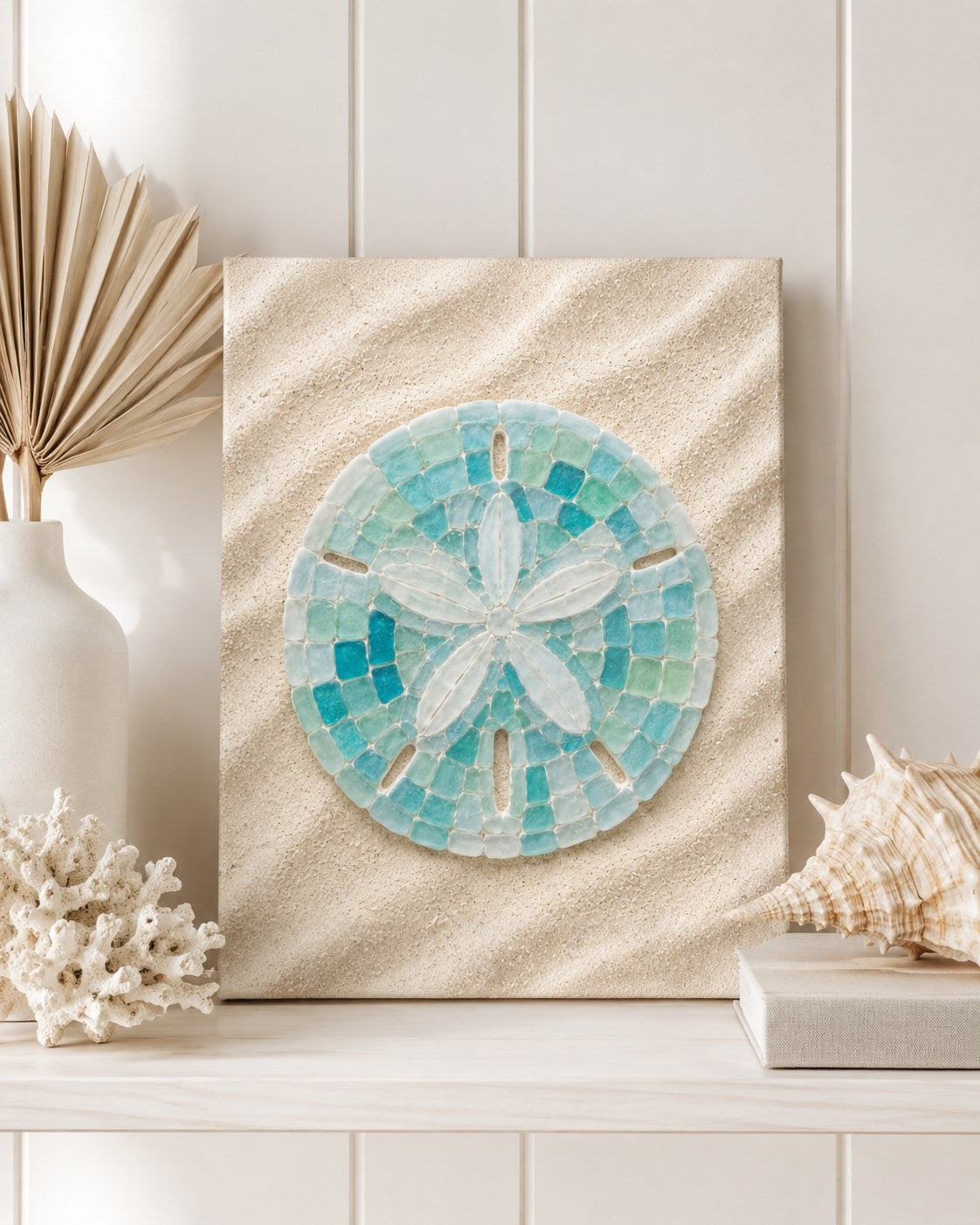 Sea glass sand dollar stretched canvas, AI-generated mockup