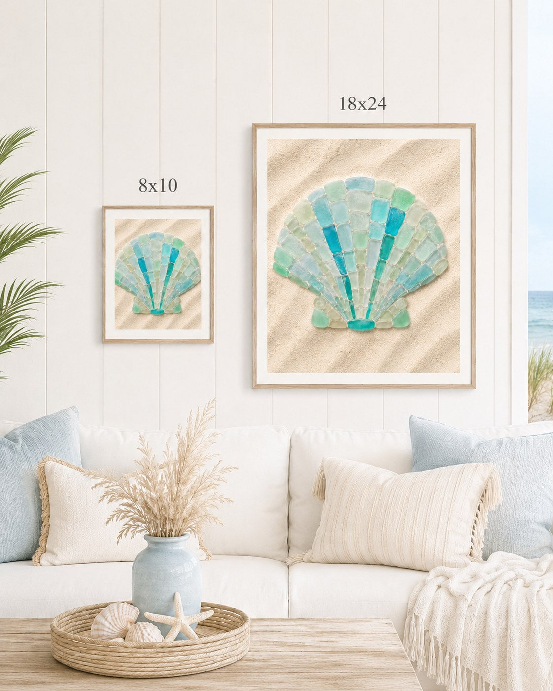 Sea glass scallop shell 8x10 and 18x24 size comparison, AI-generated mockup