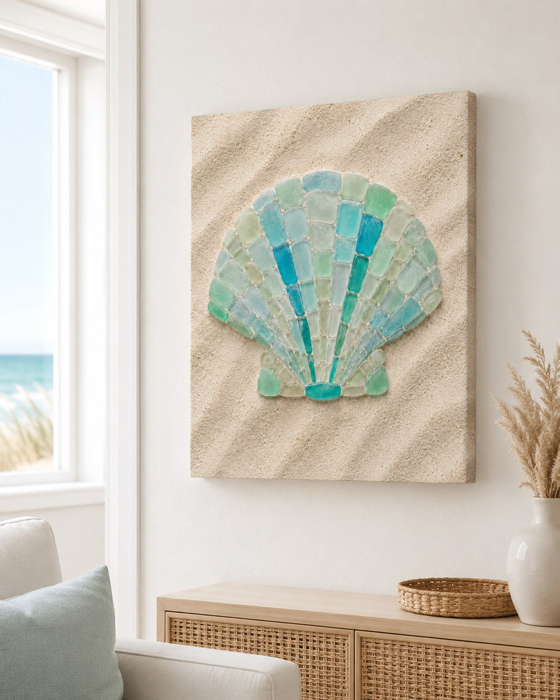Sea glass scallop shell stretched canvas, AI-generated mockup