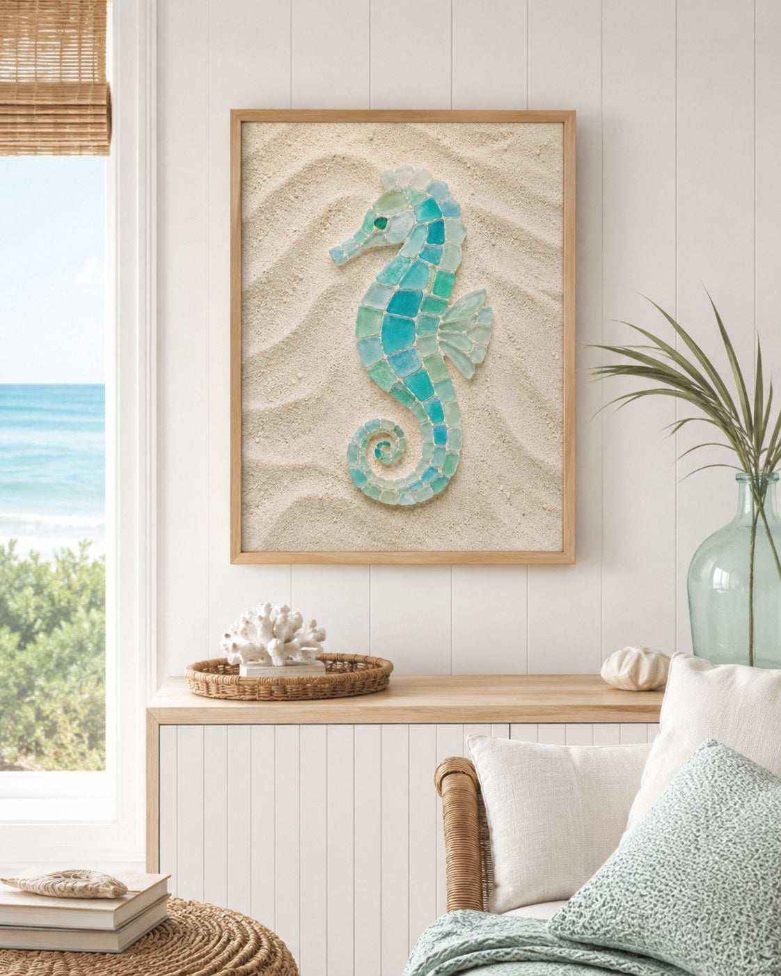 Sea glass seahorse framed poster on a coastal wall, AI-generated mockup