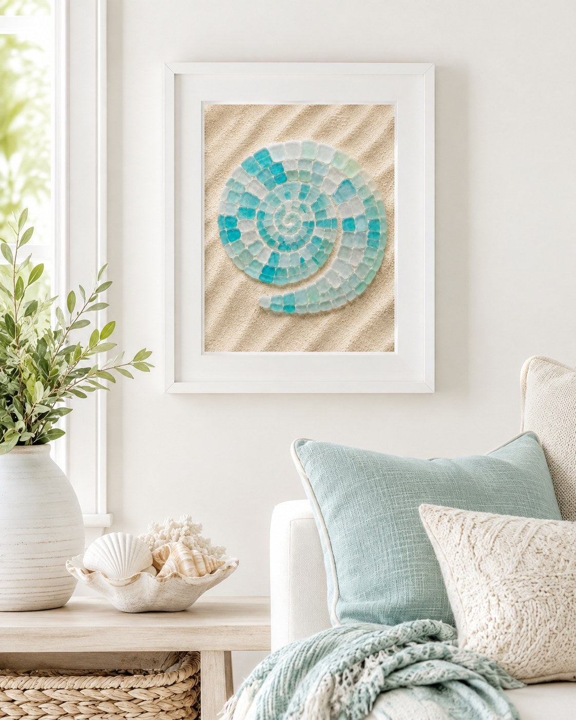 Sea glass spiral shell framed poster in a beach house room, AI-generated mockup