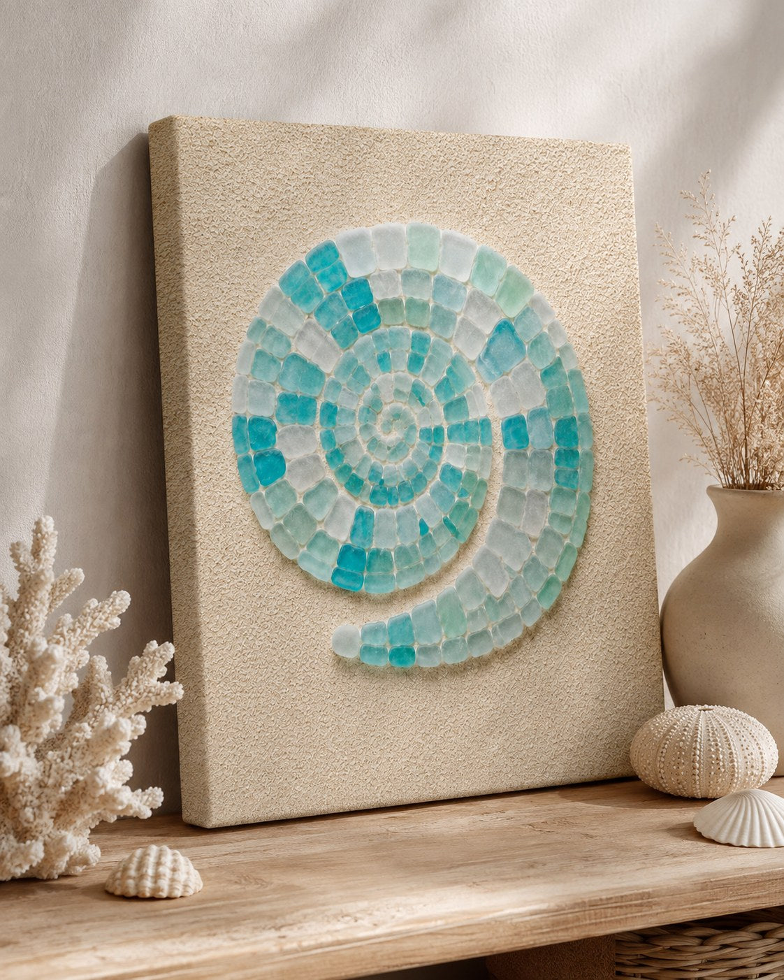 Sea glass spiral shell stretched canvas, AI-generated mockup