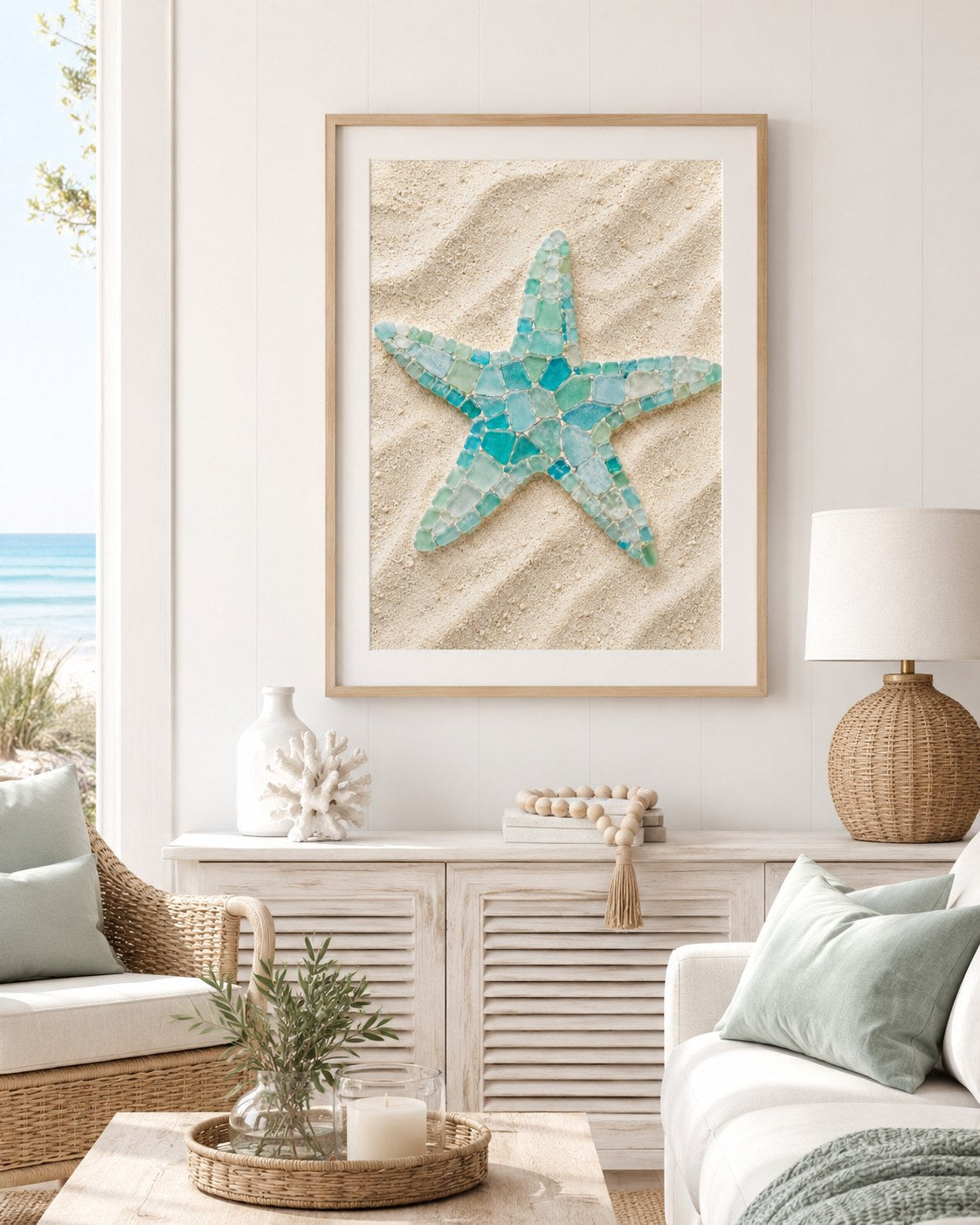 Sea glass starfish framed poster on a coastal wall, AI-generated mockup