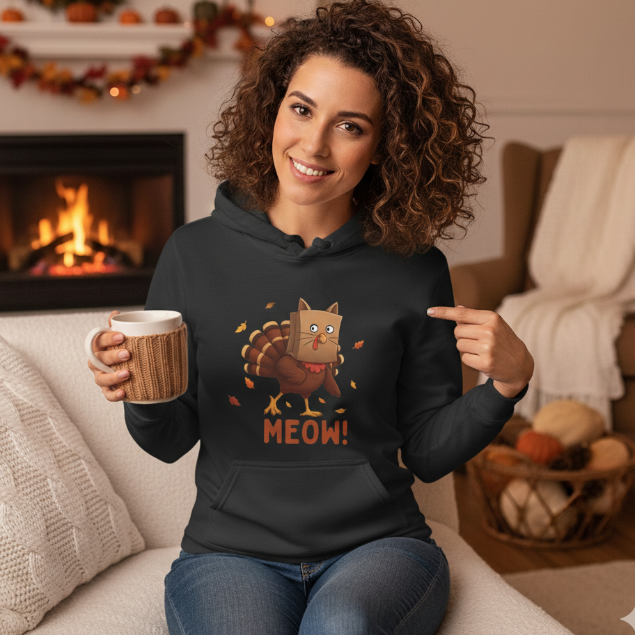 Funny Thanksgiving hoodie with a turkey in a cat disguise saying Meow, AI-generated model