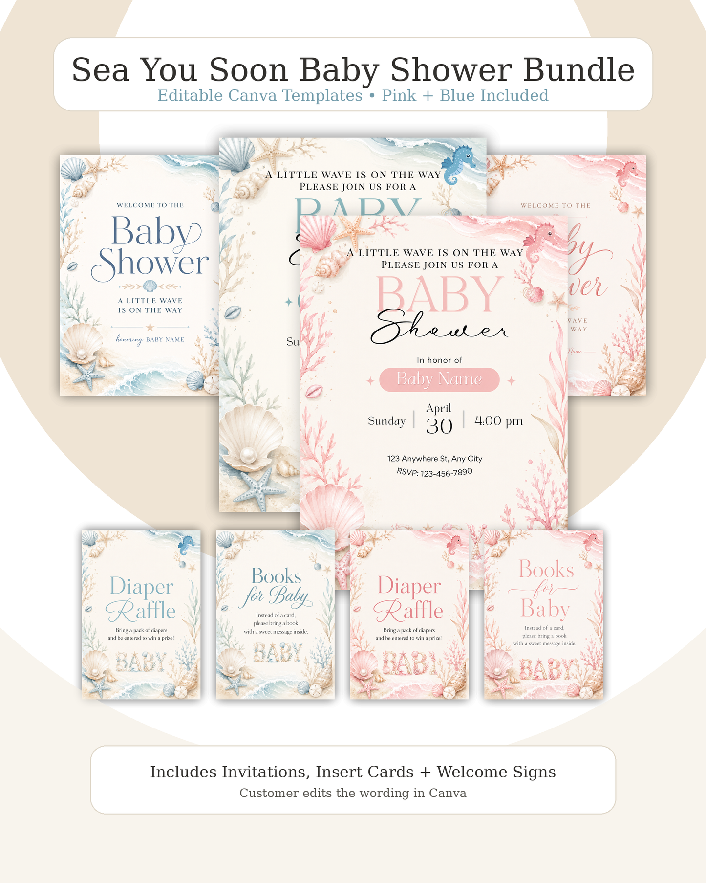 Sea You Soon Baby Shower Invitation Template Bundle, Editable Canva Baby Shower Invite, Diaper Raffle, Books for Baby, Welcome Sign, Blue Pink