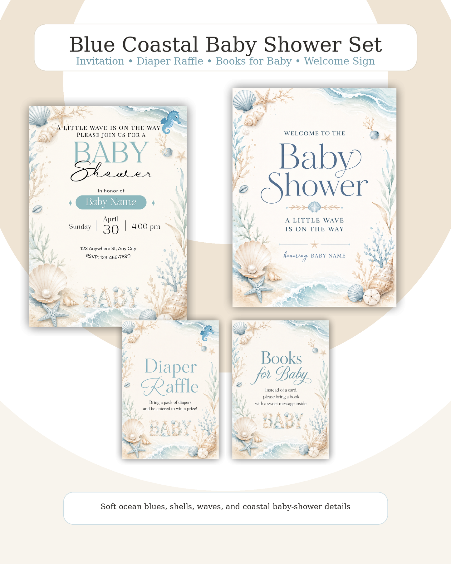 Sea You Soon Baby Shower Invitation Template Bundle, Editable Canva Baby Shower Invite, Diaper Raffle, Books for Baby, Welcome Sign, Blue Pink