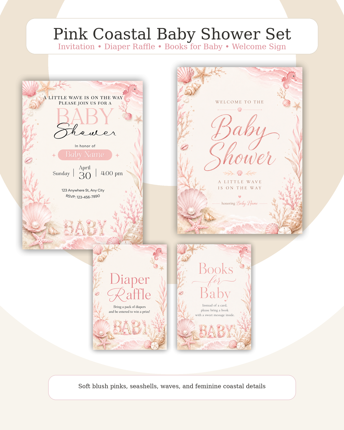 Sea You Soon Baby Shower Invitation Template Bundle, Editable Canva Baby Shower Invite, Diaper Raffle, Books for Baby, Welcome Sign, Blue Pink