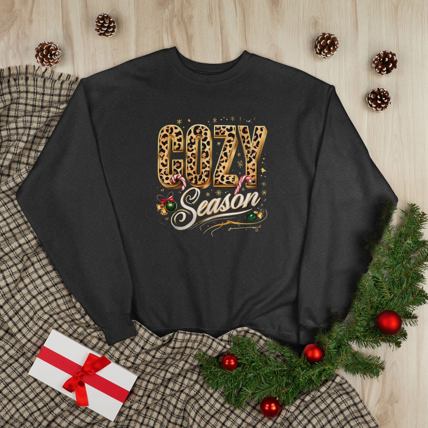 Cozy Season Sweatshirt | Leopard Print Holiday Crewneck | Cute Winter Christmas Sweater for Women & Men | Cozy Gift Idea