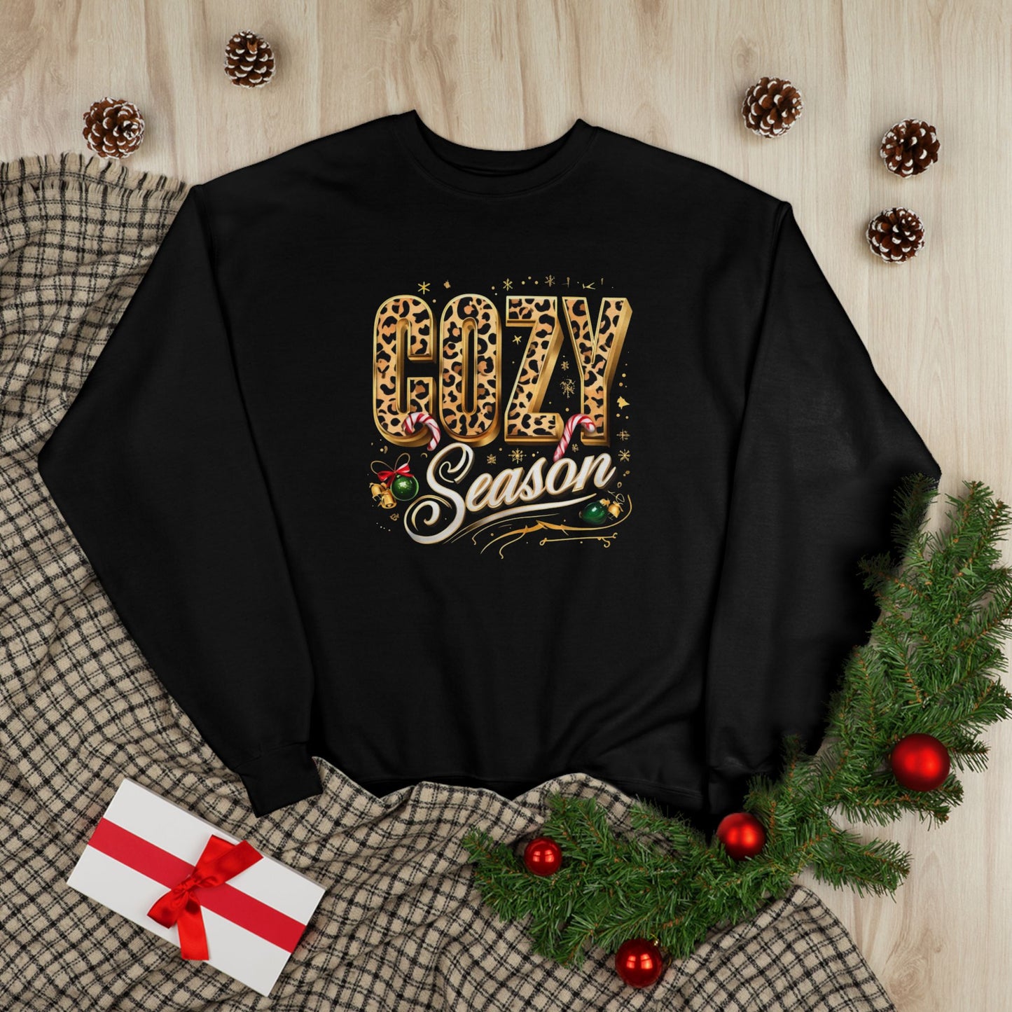 Cozy Season Sweatshirt | Leopard Print Holiday Crewneck | Cute Winter Christmas Sweater for Women & Men | Cozy Gift Idea