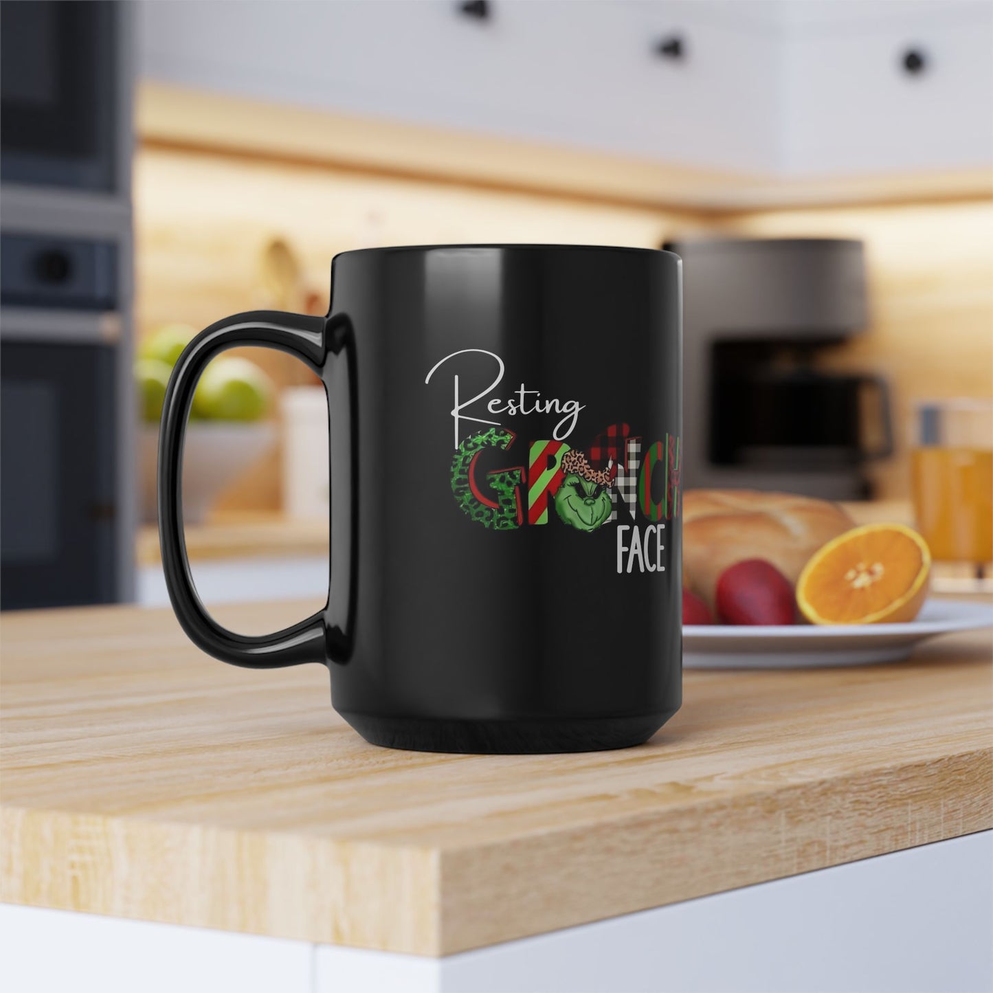Resting Grinch Face 15oz Black Mug — Funny Christmas Coffee Cup