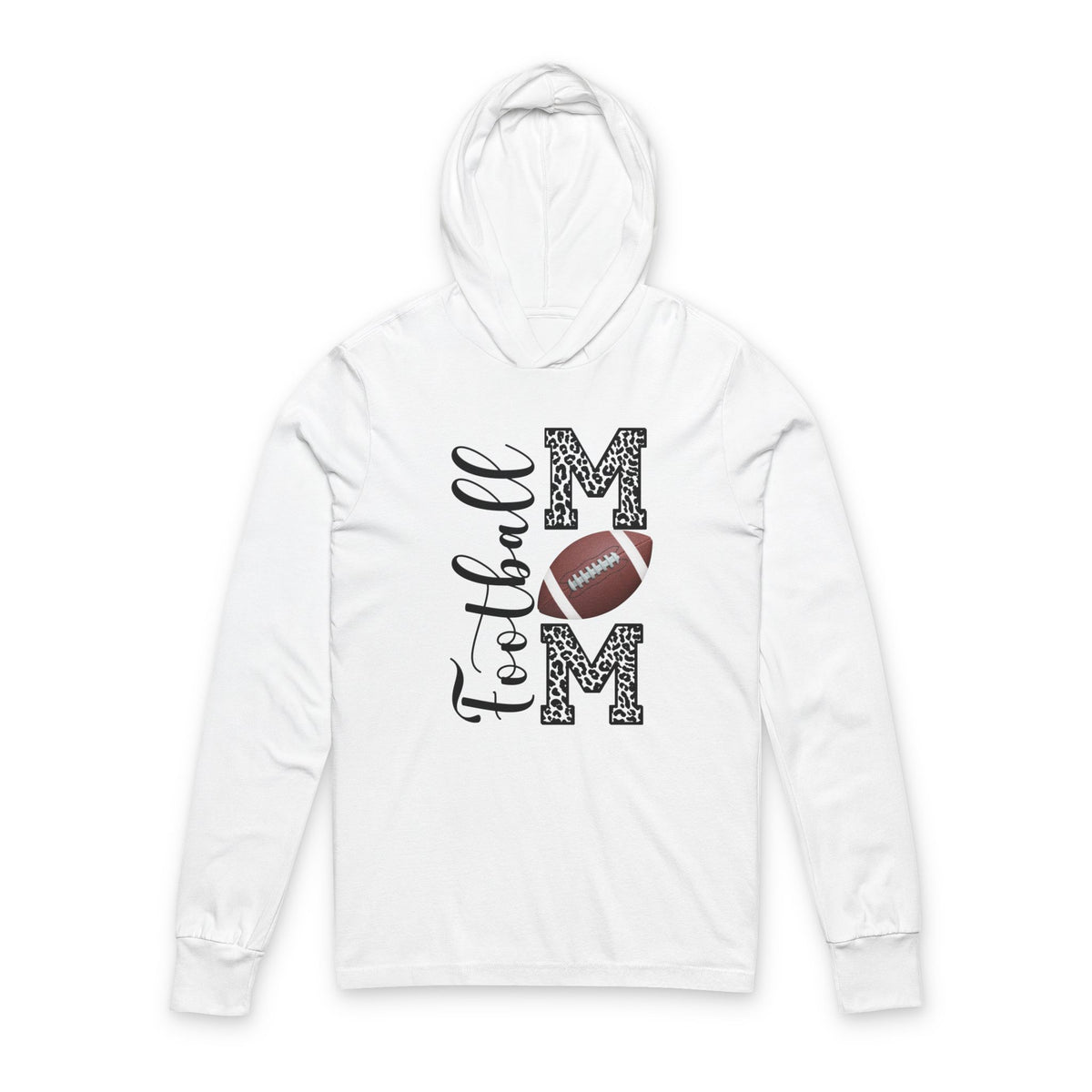 Football Mom Hooded Long Sleeve Tee — Graphic Mom Lettering with Football