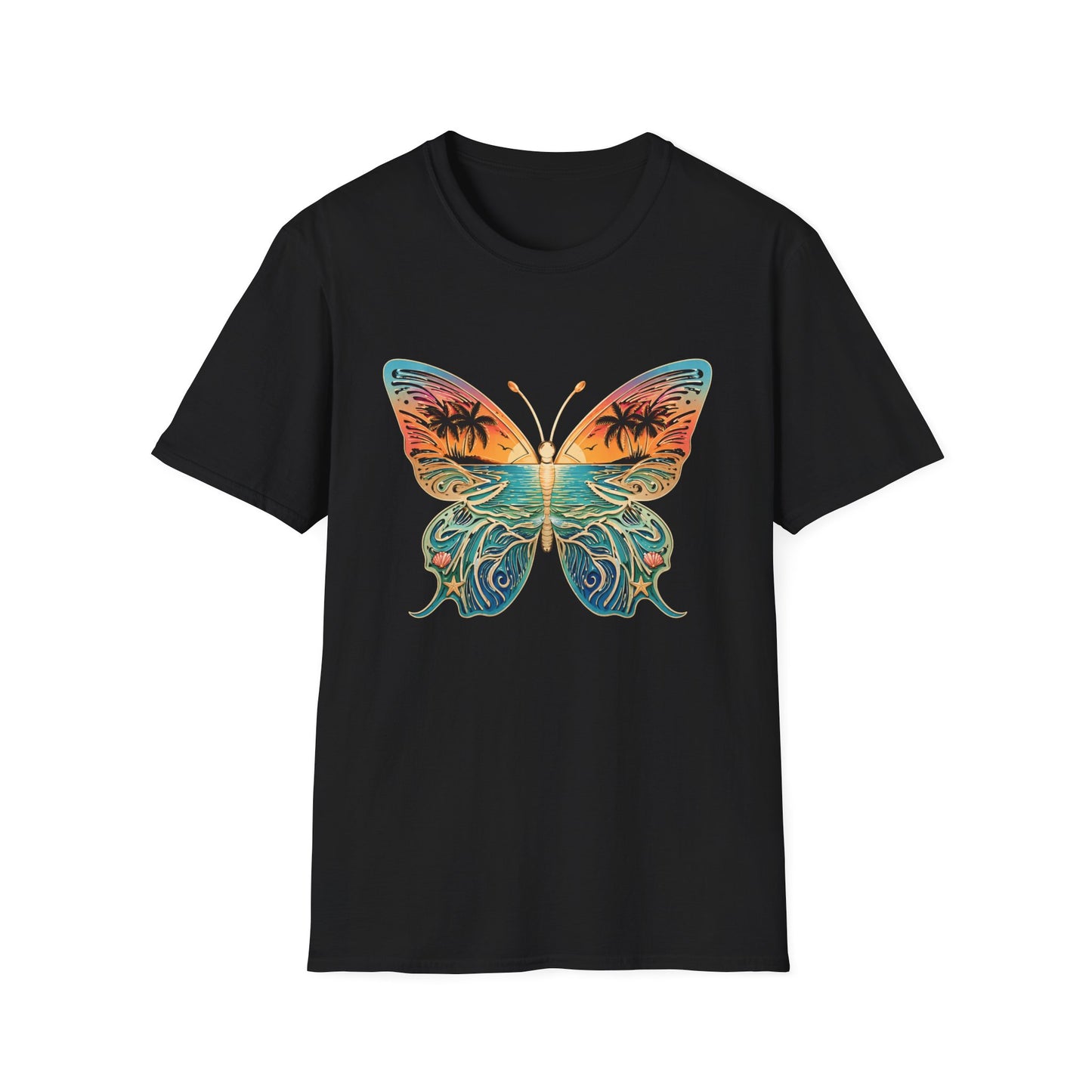 Beach Sunset Butterfly Design, Tropical Ocean Butterfly, Palm Tree Butterfly Art, Coastal Aesthetic Design, Summer Vibes Graphic, Ocean Lover Gift