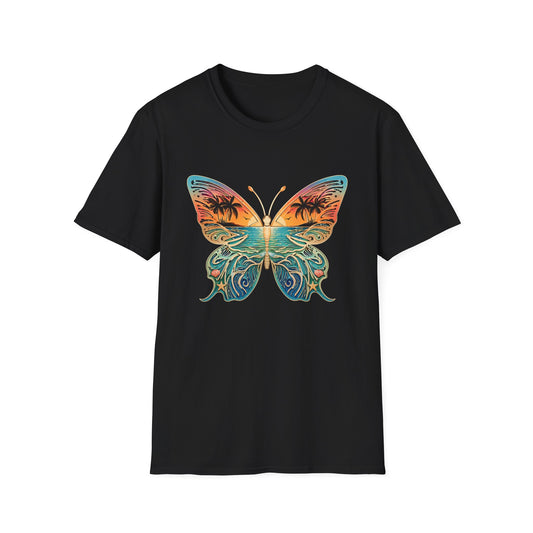 Beach Sunset Butterfly Design, Tropical Ocean Butterfly, Palm Tree Butterfly Art, Coastal Aesthetic Design, Summer Vibes Graphic, Ocean Lover Gift