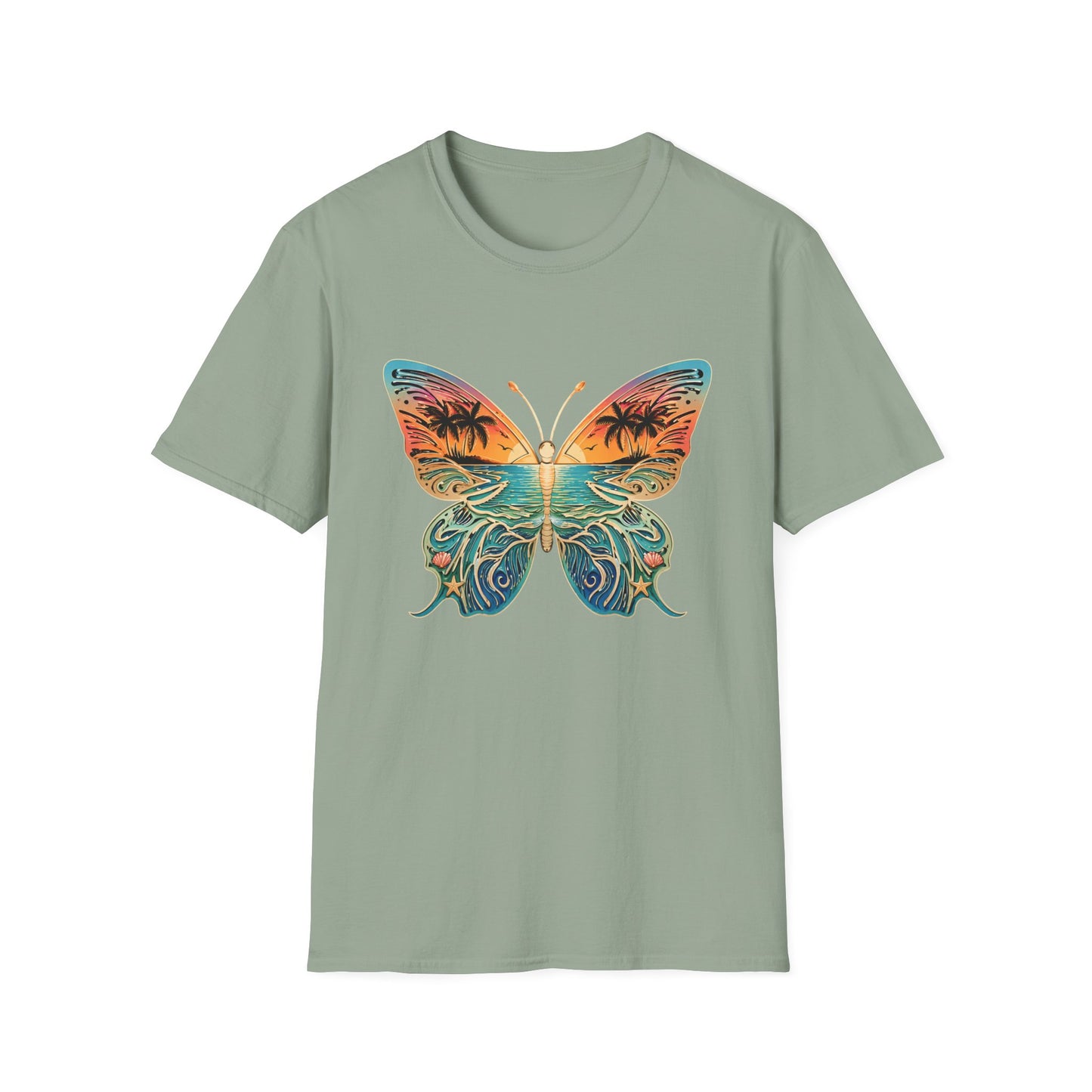 Beach Sunset Butterfly Design, Tropical Ocean Butterfly, Palm Tree Butterfly Art, Coastal Aesthetic Design, Summer Vibes Graphic, Ocean Lover Gift