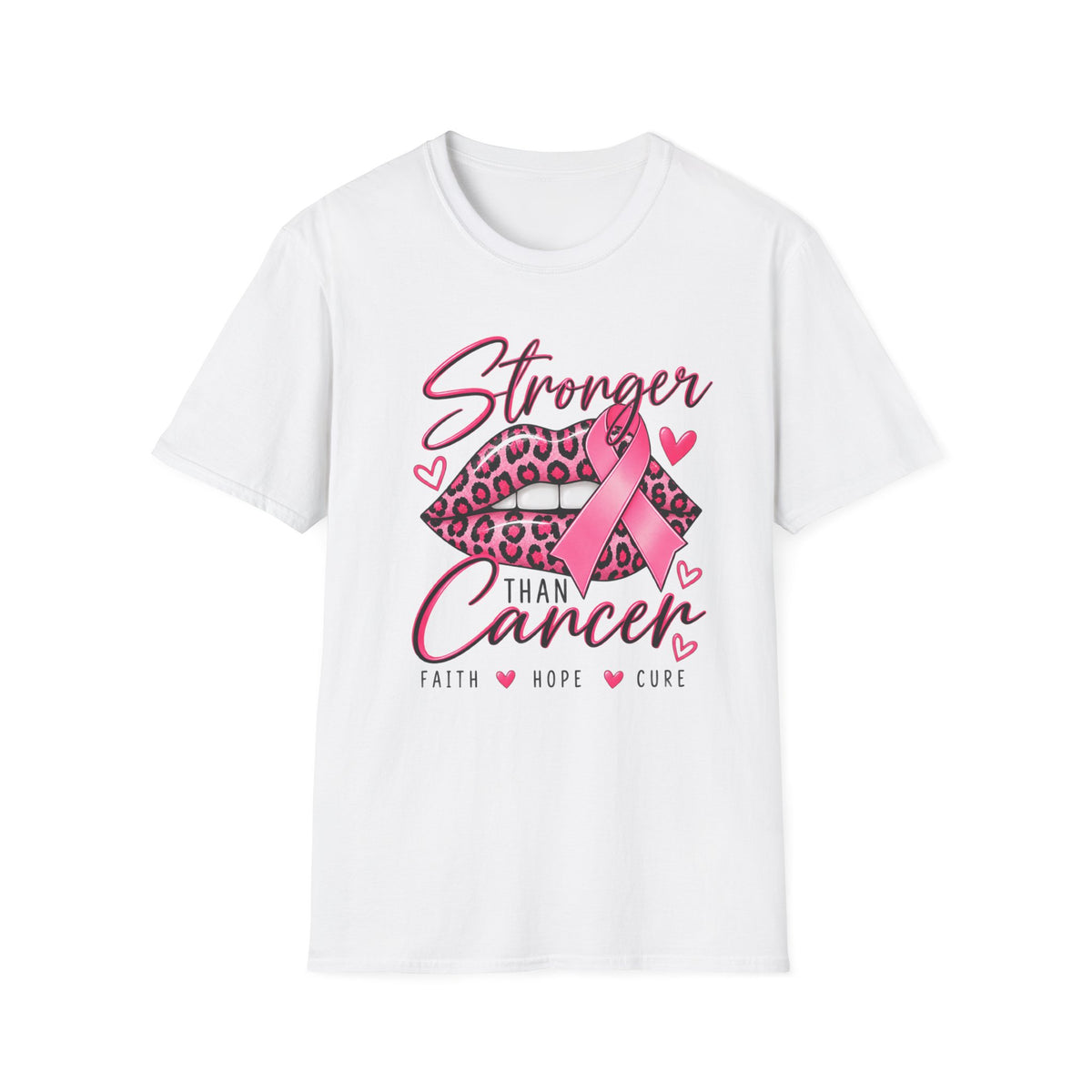 Breast Cancer Awareness Tee — "Stronger Than Cancer" Pink Ribbon Leopard Lips