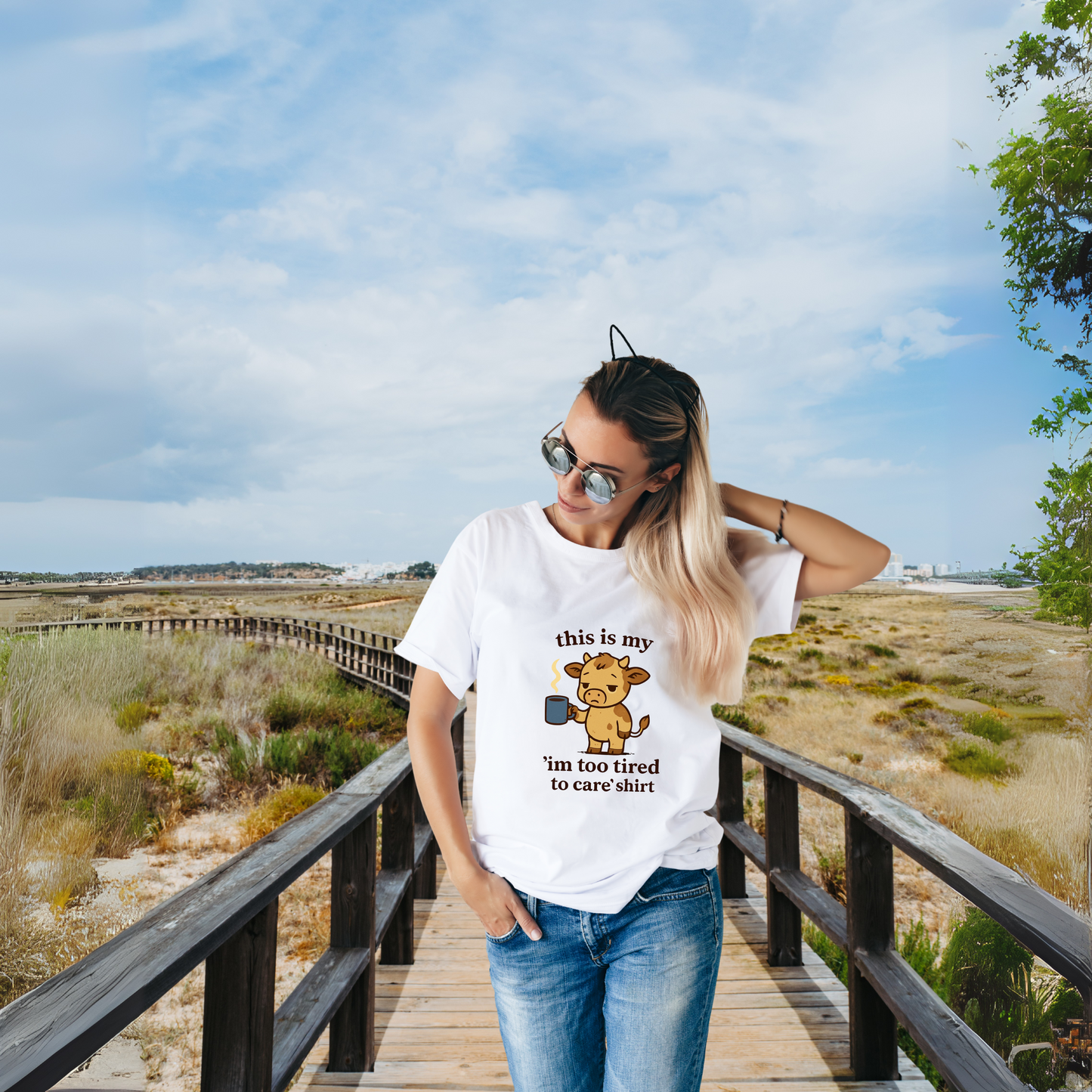 Too Tired to Care Cow T-Shirt – Funny Lazy Mood Graphic Tee for Women