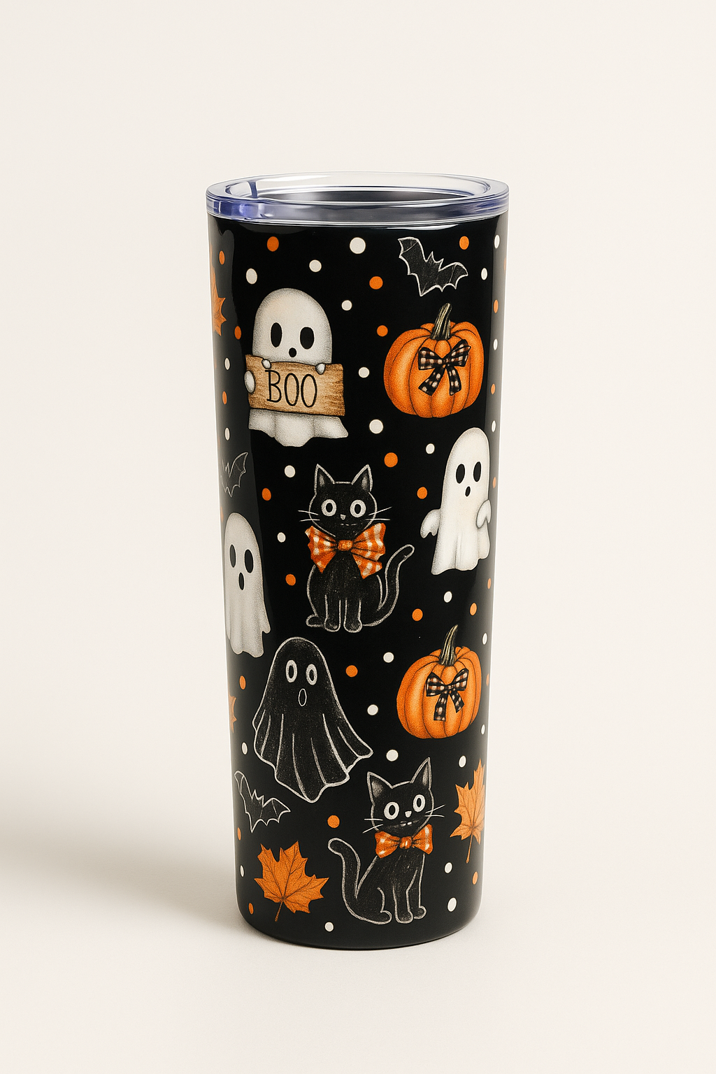 Halloween Tumbler 20oz - Spooky Drinkware, Gift for Ghost Lovers, Fall Decor, Trick-or-Treat Accessory, Cute Cat and Ghost Design