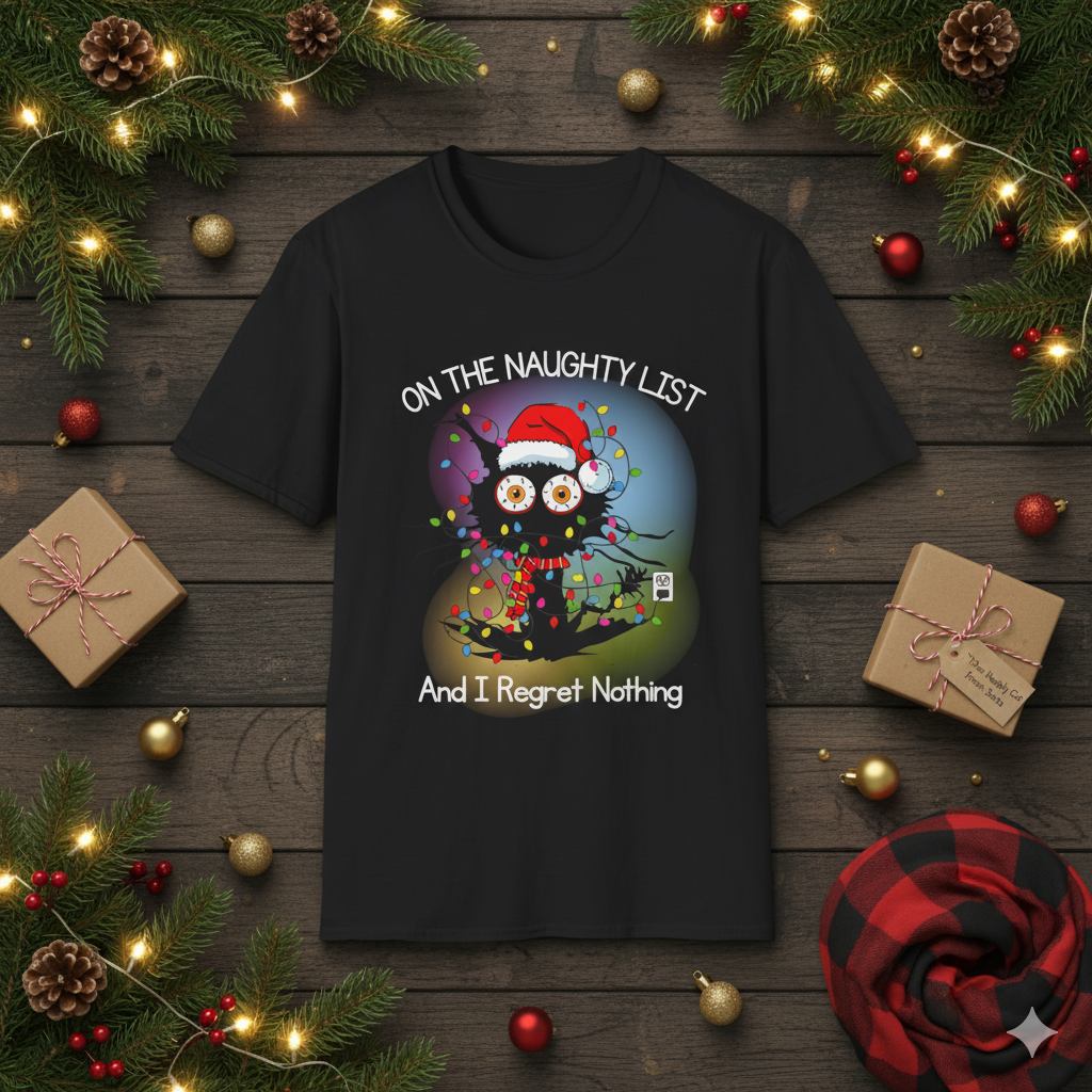 Naughty List Christmas T-Shirt, Funny Black Cat Xmas Tee, Tangled Lights, “And I Regret Nothing” Holiday Graphic Unisex  Description