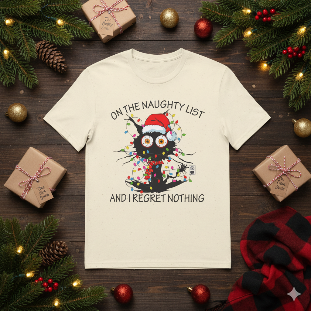 Naughty List Christmas T-Shirt, Funny Black Cat Xmas Tee, Tangled Lights, “And I Regret Nothing” Holiday Graphic Unisex  Description