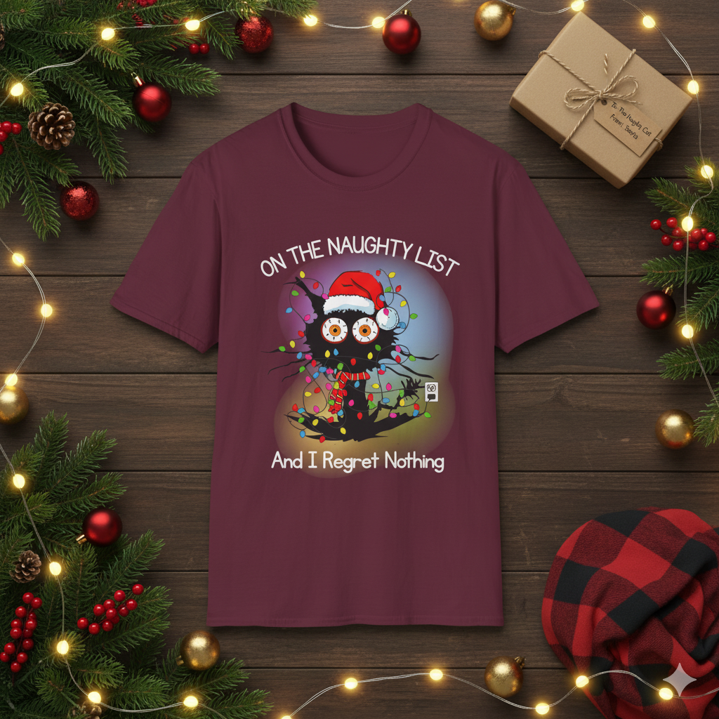 Naughty List Christmas T-Shirt, Funny Black Cat Xmas Tee, Tangled Lights, “And I Regret Nothing” Holiday Graphic Unisex  Description