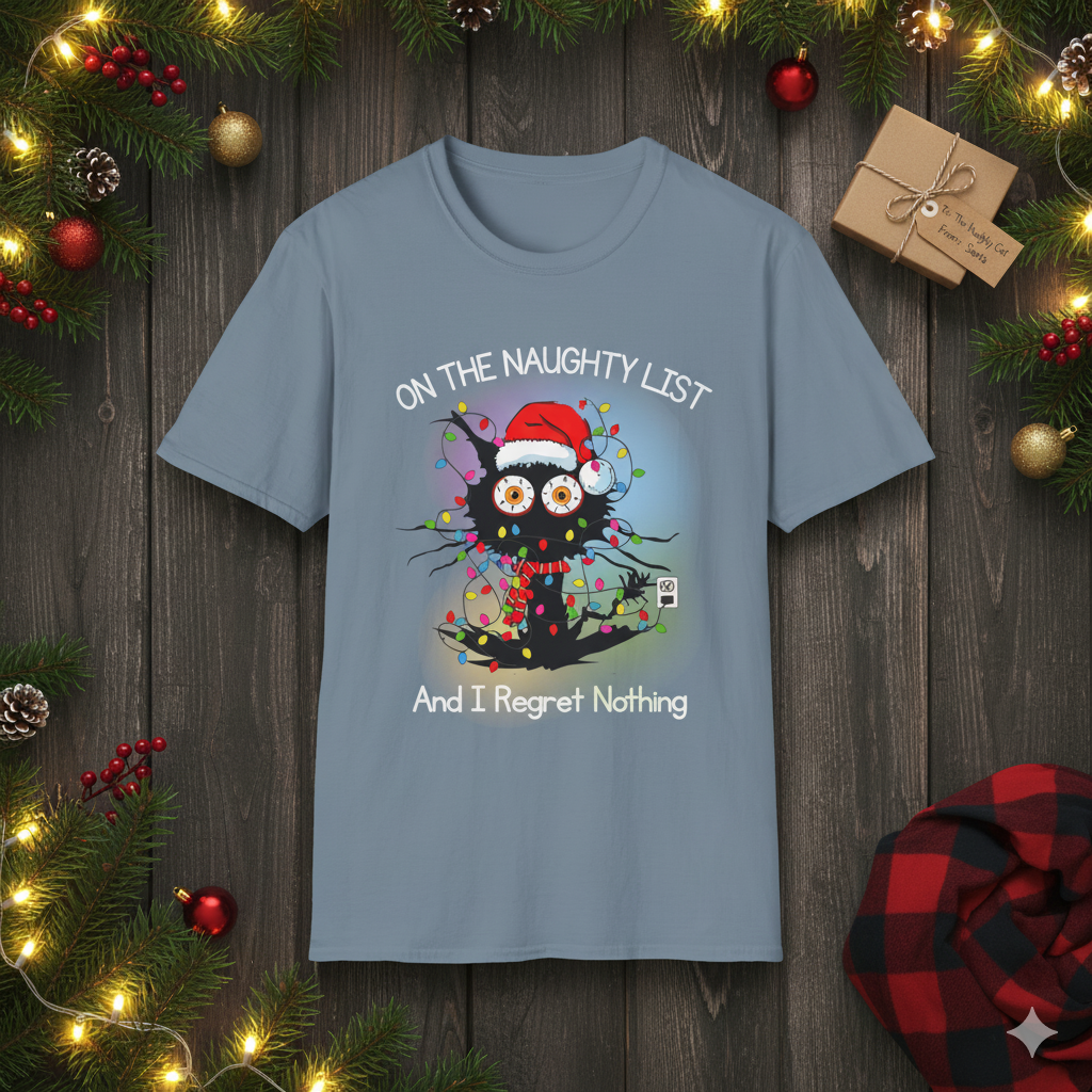 Naughty List Christmas T-Shirt, Funny Black Cat Xmas Tee, Tangled Lights, “And I Regret Nothing” Holiday Graphic Unisex  Description