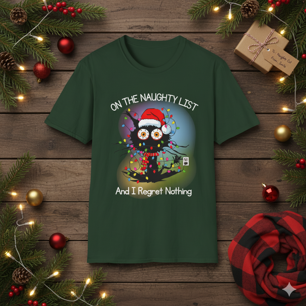 Naughty List Christmas T-Shirt, Funny Black Cat Xmas Tee, Tangled Lights, “And I Regret Nothing” Holiday Graphic Unisex  Description