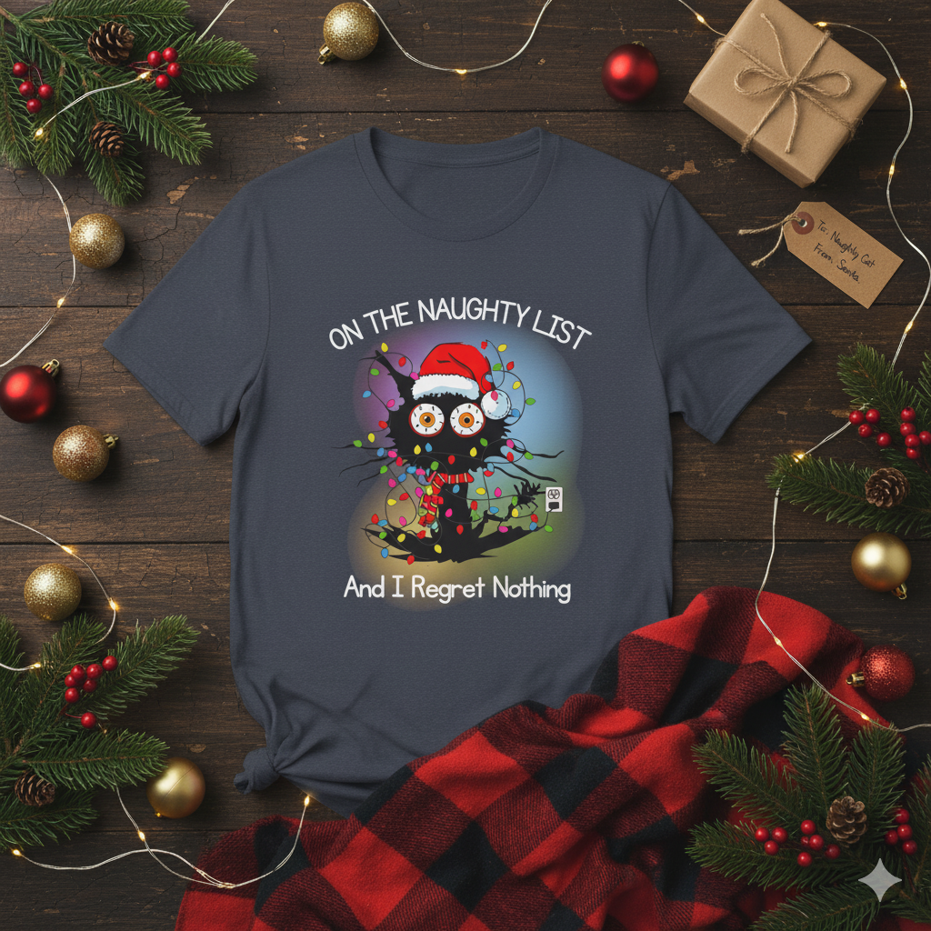 Naughty List Christmas T-Shirt, Funny Black Cat Xmas Tee, Tangled Lights, “And I Regret Nothing” Holiday Graphic Unisex  Description