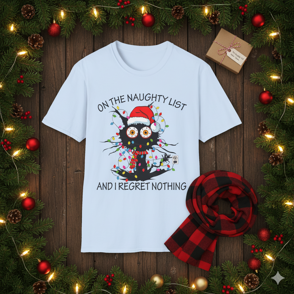 Naughty List Christmas T-Shirt, Funny Black Cat Xmas Tee, Tangled Lights, “And I Regret Nothing” Holiday Graphic Unisex  Description
