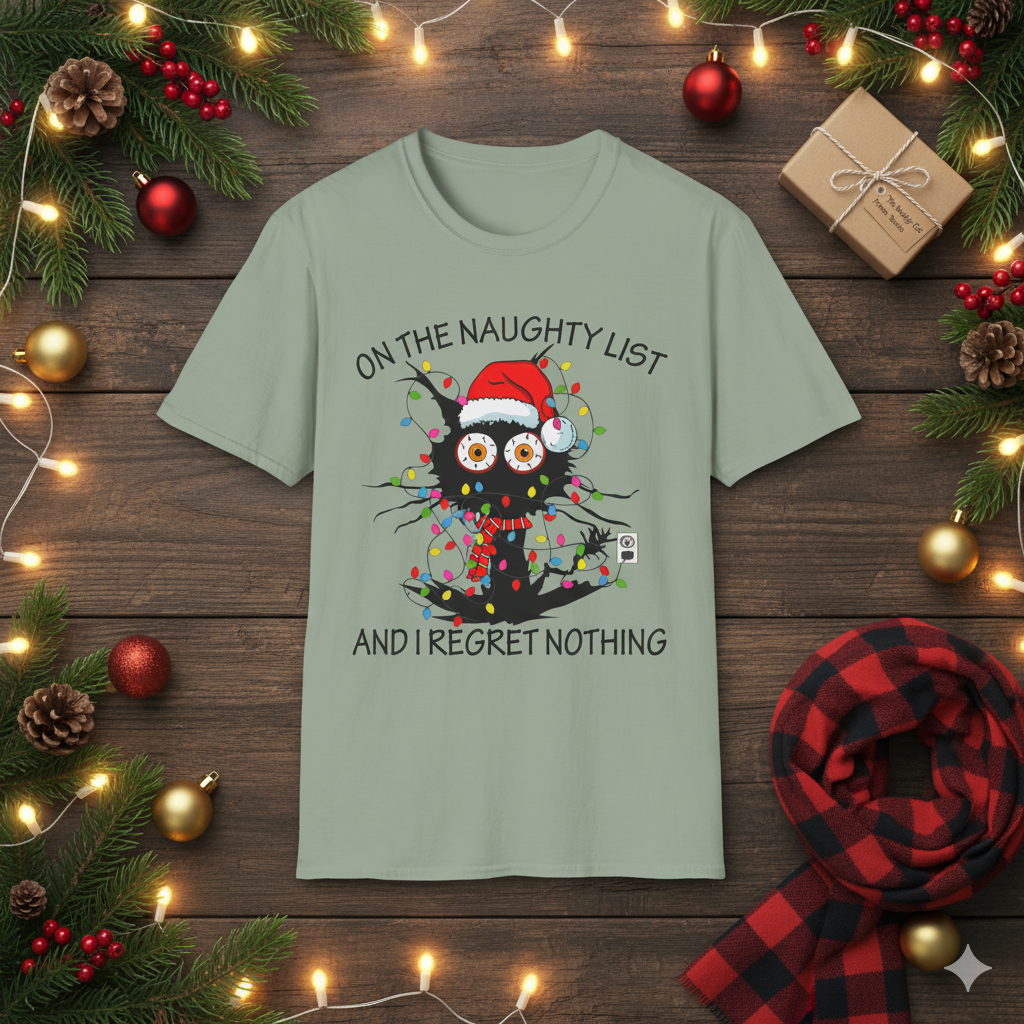 Naughty List Christmas T-Shirt, Funny Black Cat Xmas Tee, Tangled Lights, “And I Regret Nothing” Holiday Graphic Unisex  Description