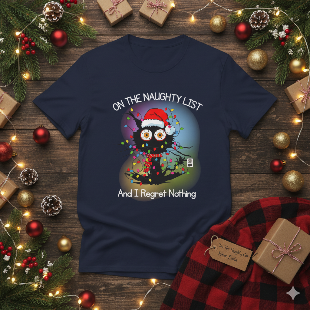 Naughty List Christmas T-Shirt, Funny Black Cat Xmas Tee, Tangled Lights, “And I Regret Nothing” Holiday Graphic Unisex  Description