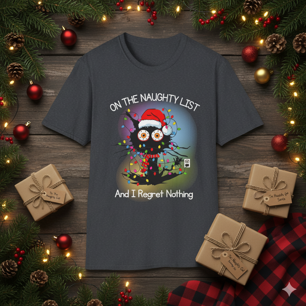 Naughty List Christmas T-Shirt, Funny Black Cat Xmas Tee, Tangled Lights, “And I Regret Nothing” Holiday Graphic Unisex  Description
