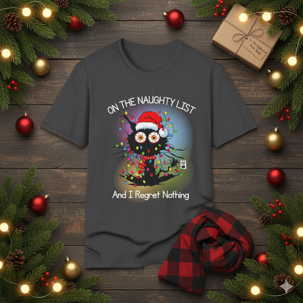 Naughty List Christmas T-Shirt, Funny Black Cat Xmas Tee, Tangled Lights, “And I Regret Nothing” Holiday Graphic Unisex  Description