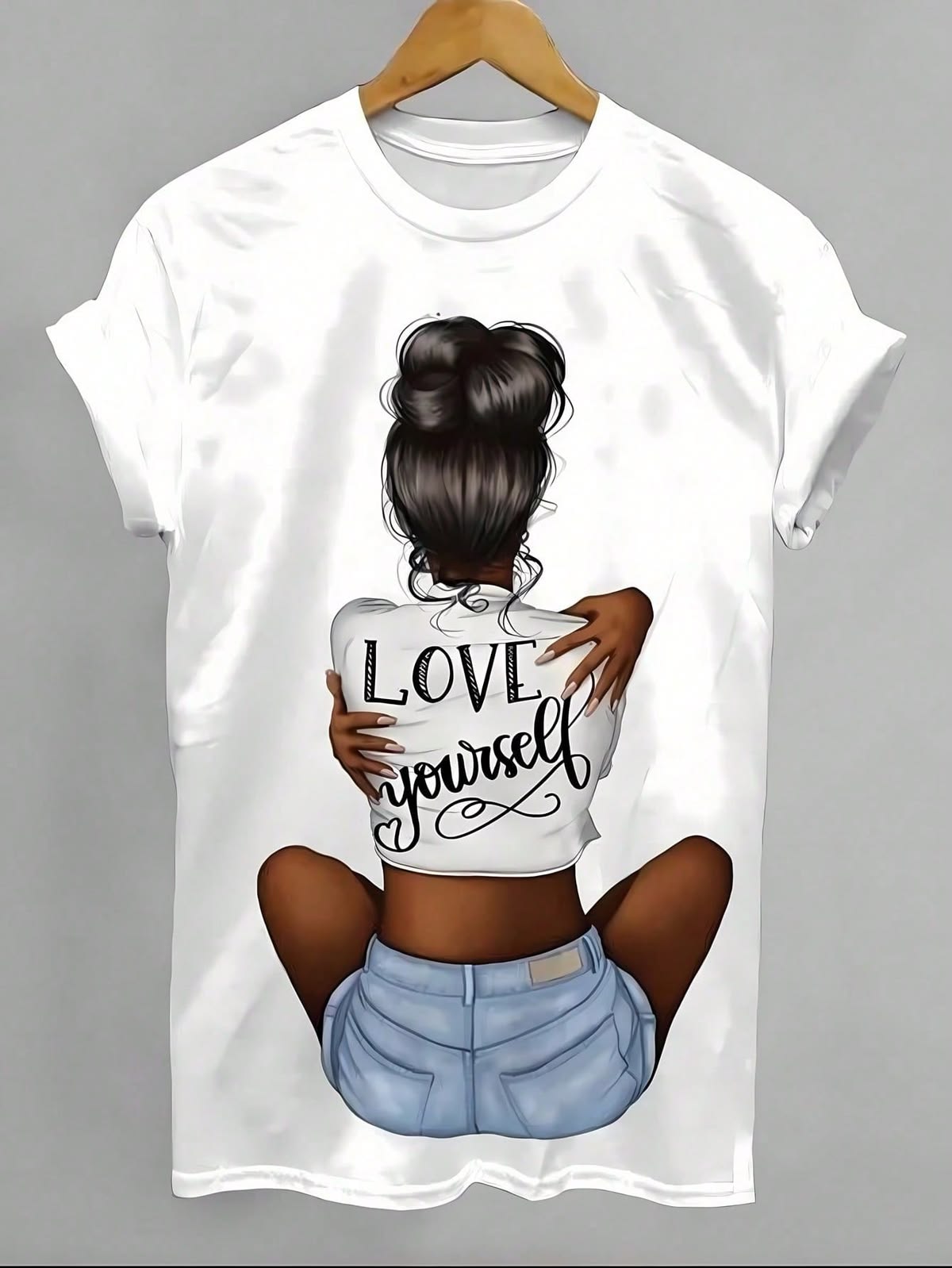T-Shirt — 'Love Yourself' Graphic Tee, Hair Bun Illustration, Self-Love Casual Top