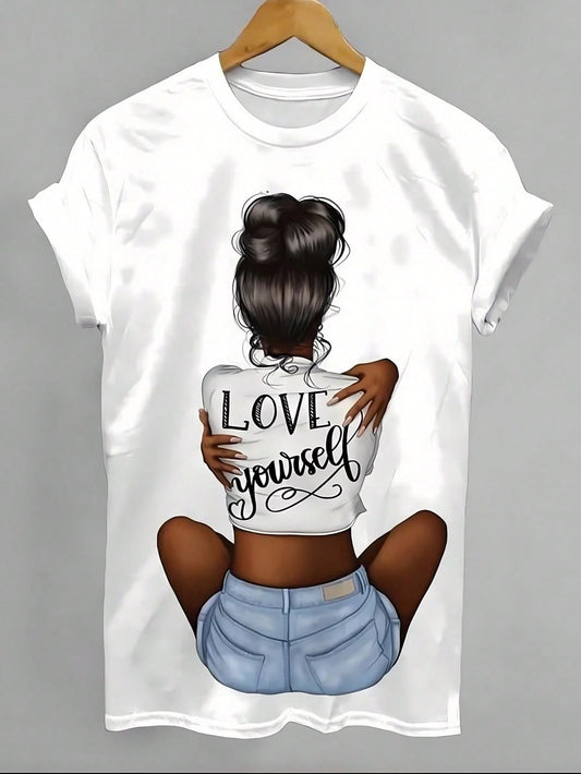 T-Shirt — 'Love Yourself' Graphic Tee, Hair Bun Illustration, Self-Love Casual Top