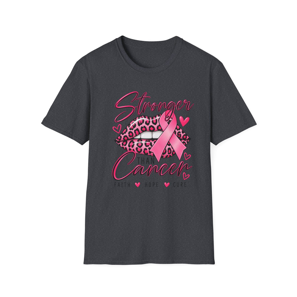 Breast Cancer Awareness Tee — "Stronger Than Cancer" Pink Ribbon Leopard Lips