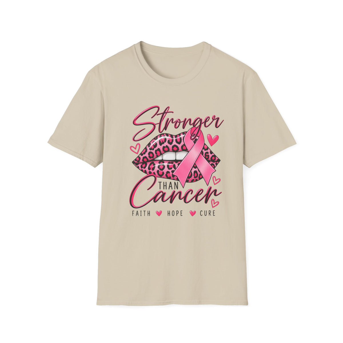 Breast Cancer Awareness Tee — "Stronger Than Cancer" Pink Ribbon Leopard Lips