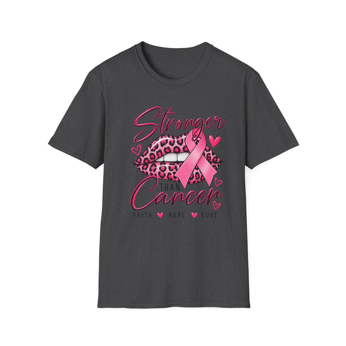 Breast Cancer Awareness Tee — "Stronger Than Cancer" Pink Ribbon Leopard Lips