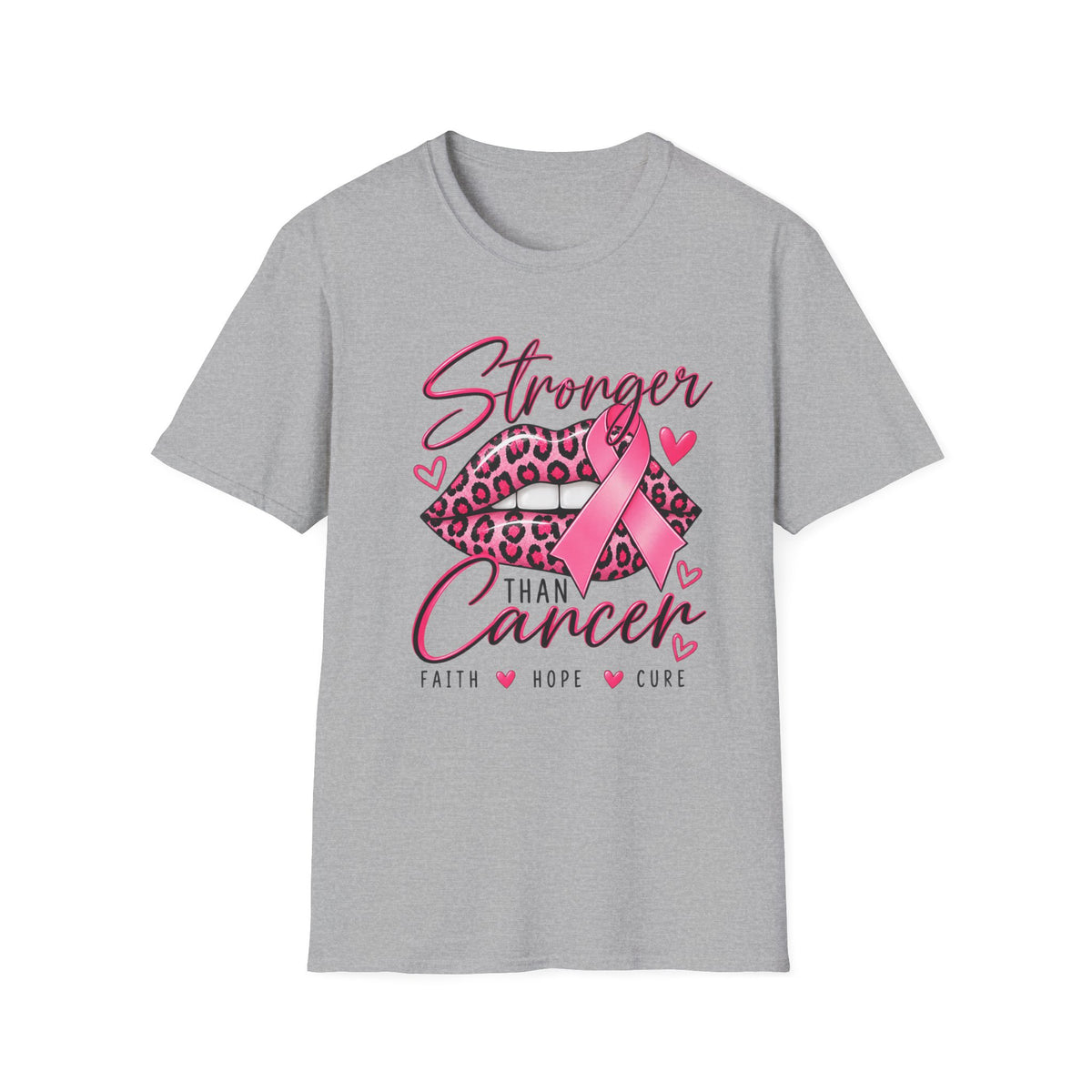 Breast Cancer Awareness Tee — "Stronger Than Cancer" Pink Ribbon Leopard Lips