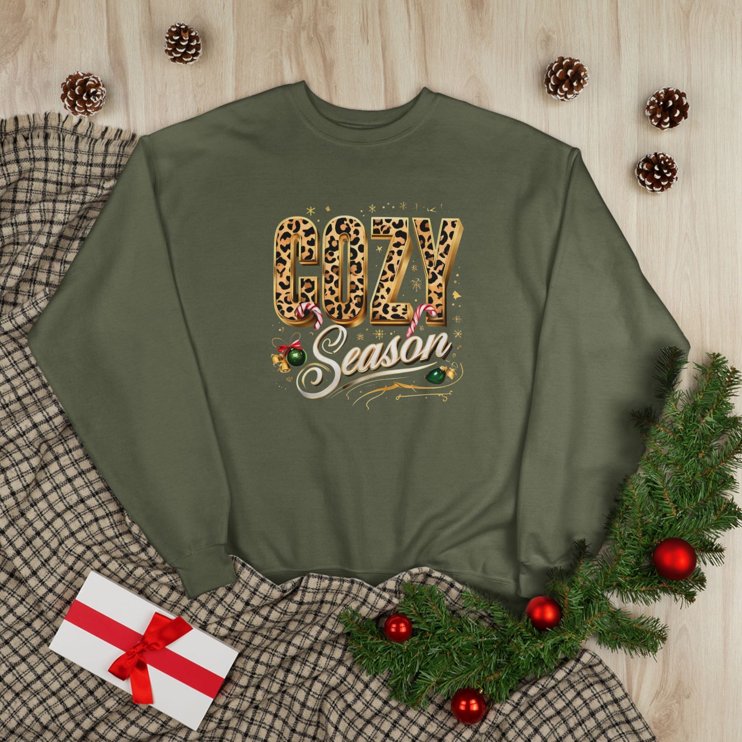 Cozy Season Sweatshirt | Leopard Print Holiday Crewneck | Cute Winter Christmas Sweater for Women & Men | Cozy Gift Idea