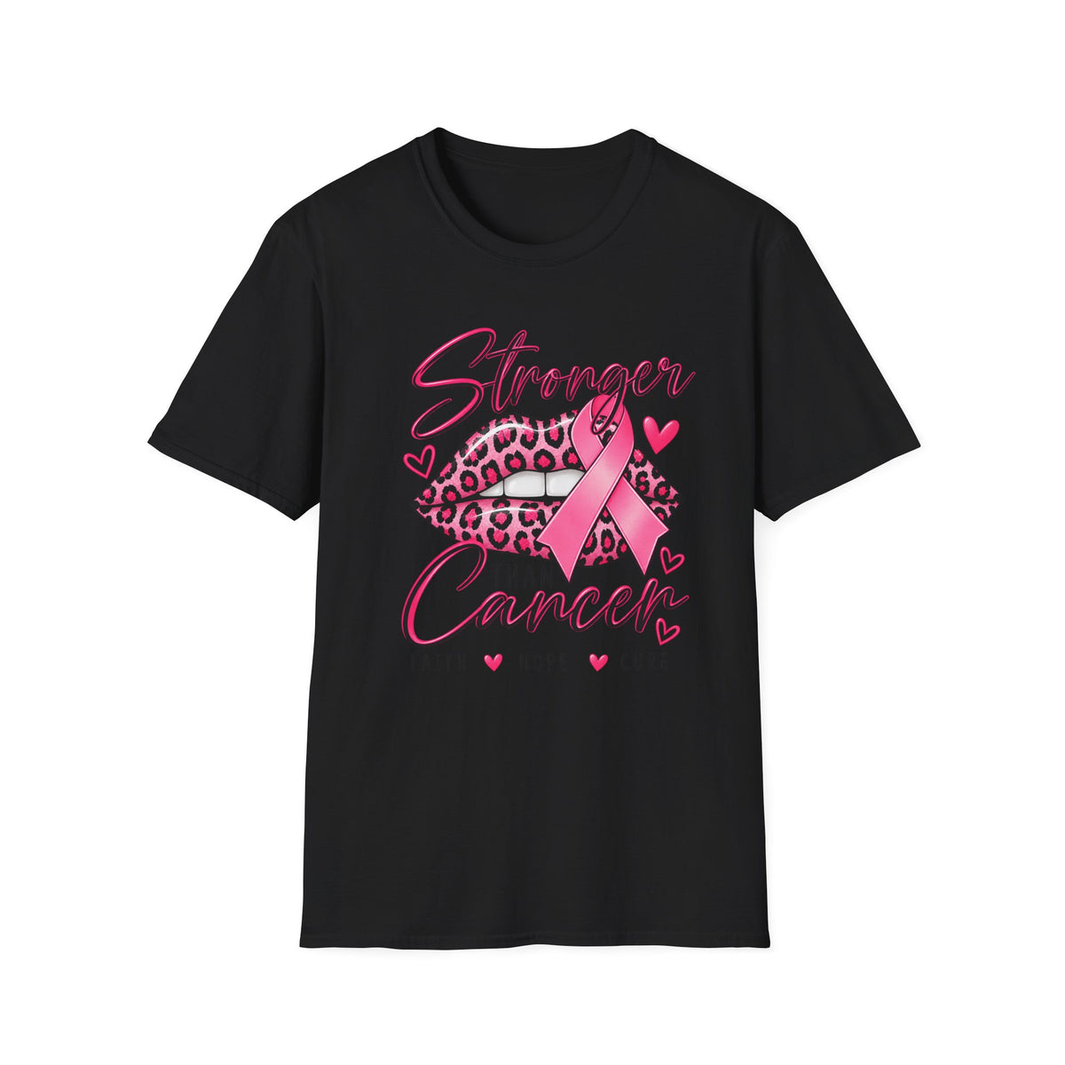 Breast Cancer Awareness Tee — "Stronger Than Cancer" Pink Ribbon Leopard Lips