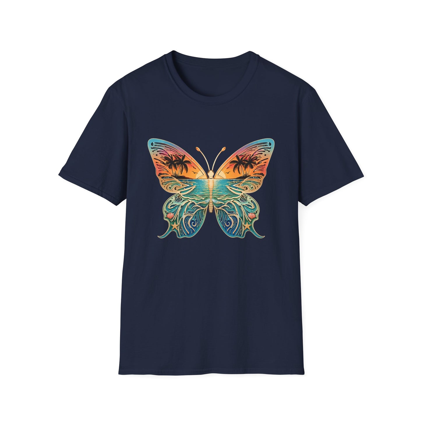 Beach Sunset Butterfly Design, Tropical Ocean Butterfly, Palm Tree Butterfly Art, Coastal Aesthetic Design, Summer Vibes Graphic, Ocean Lover Gift
