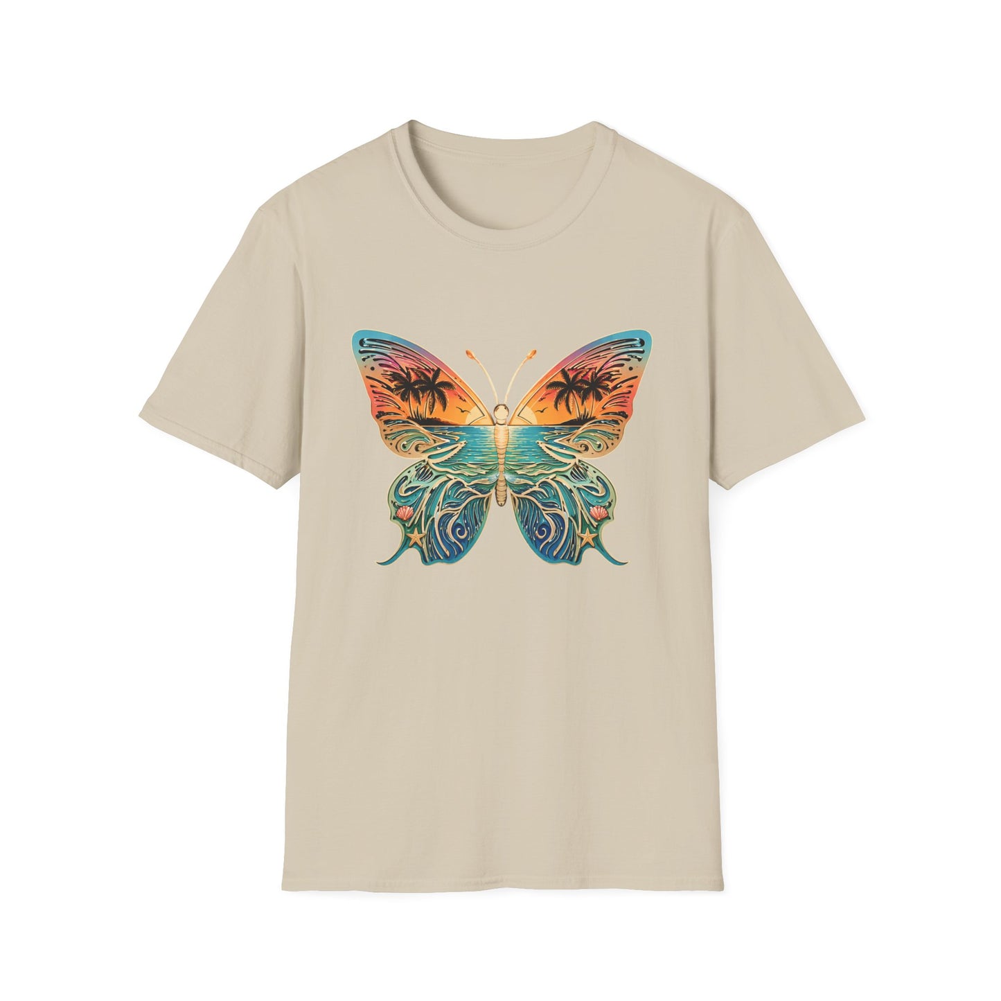 Beach Sunset Butterfly Design, Tropical Ocean Butterfly, Palm Tree Butterfly Art, Coastal Aesthetic Design, Summer Vibes Graphic, Ocean Lover Gift