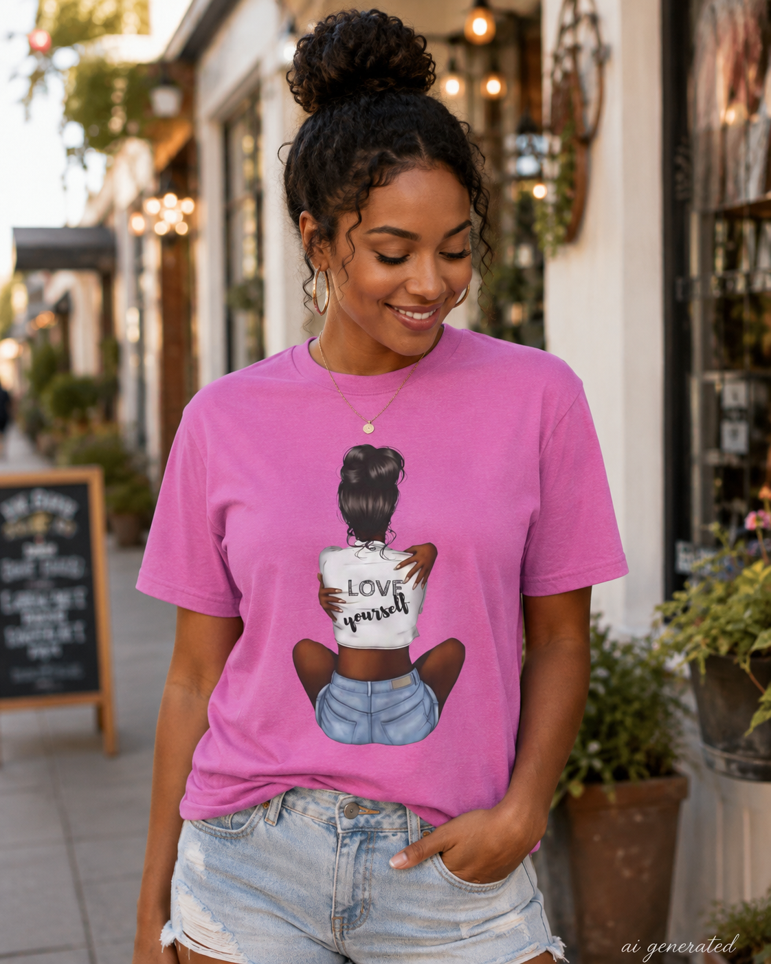 T-Shirt — 'Love Yourself' Graphic Tee, Hair Bun Illustration, Self-Love Casual Top