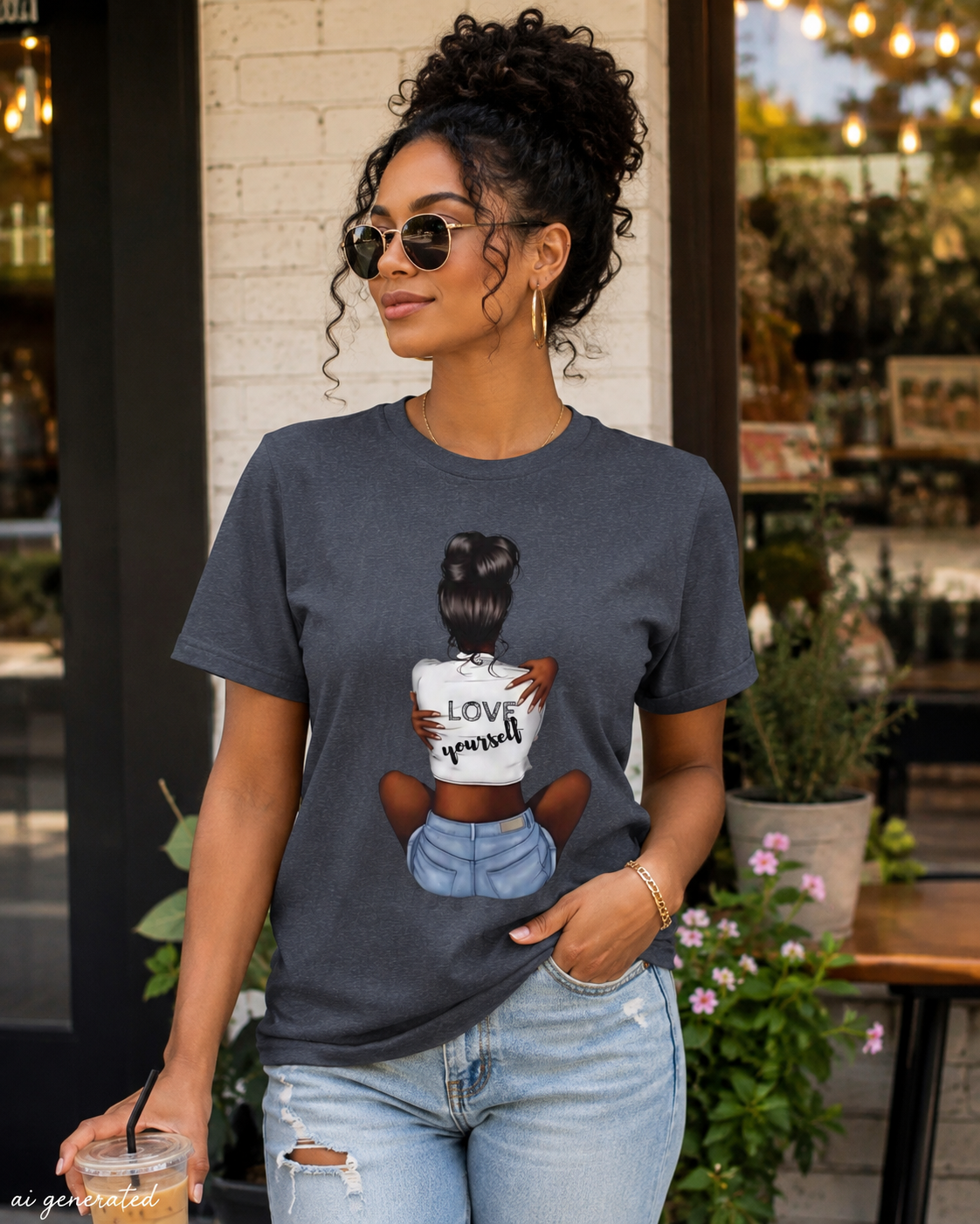 T-Shirt — 'Love Yourself' Graphic Tee, Hair Bun Illustration, Self-Love Casual Top