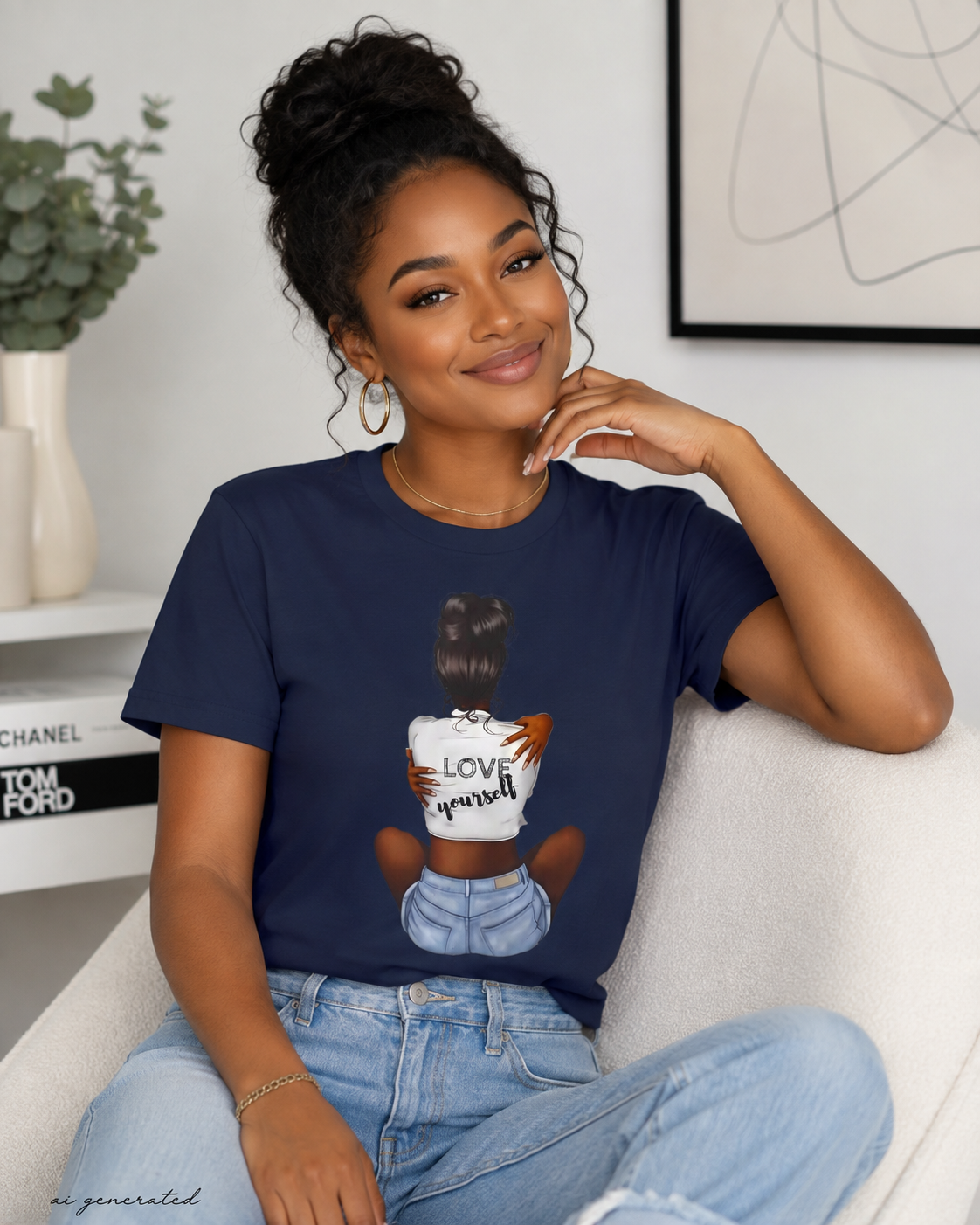 T-Shirt — 'Love Yourself' Graphic Tee, Hair Bun Illustration, Self-Love Casual Top