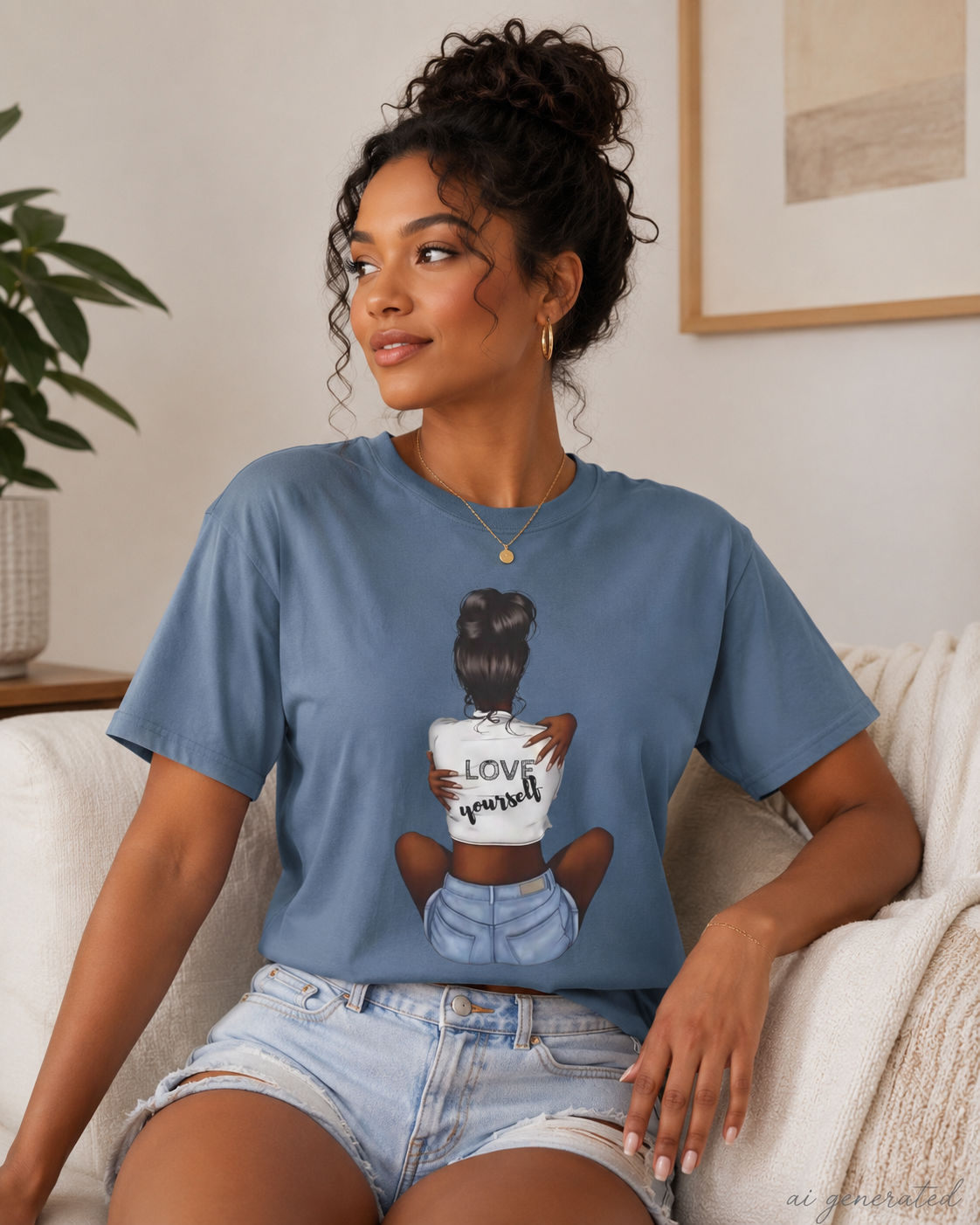 T-Shirt — 'Love Yourself' Graphic Tee, Hair Bun Illustration, Self-Love Casual Top