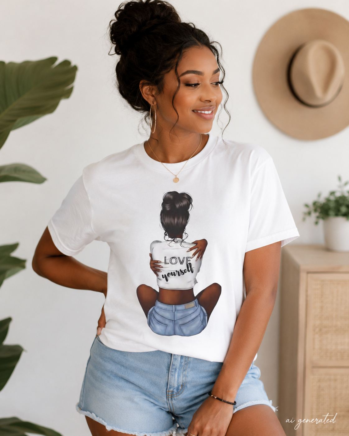 T-Shirt — 'Love Yourself' Graphic Tee, Hair Bun Illustration, Self-Love Casual Top