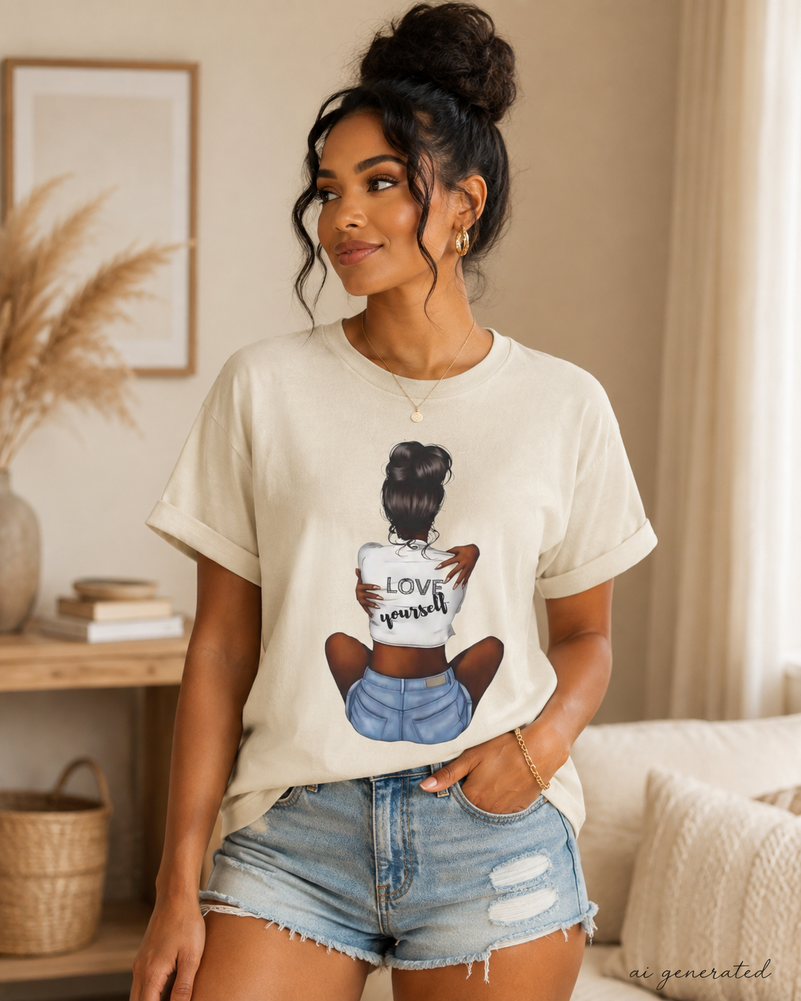 T-Shirt — 'Love Yourself' Graphic Tee, Hair Bun Illustration, Self-Love Casual Top