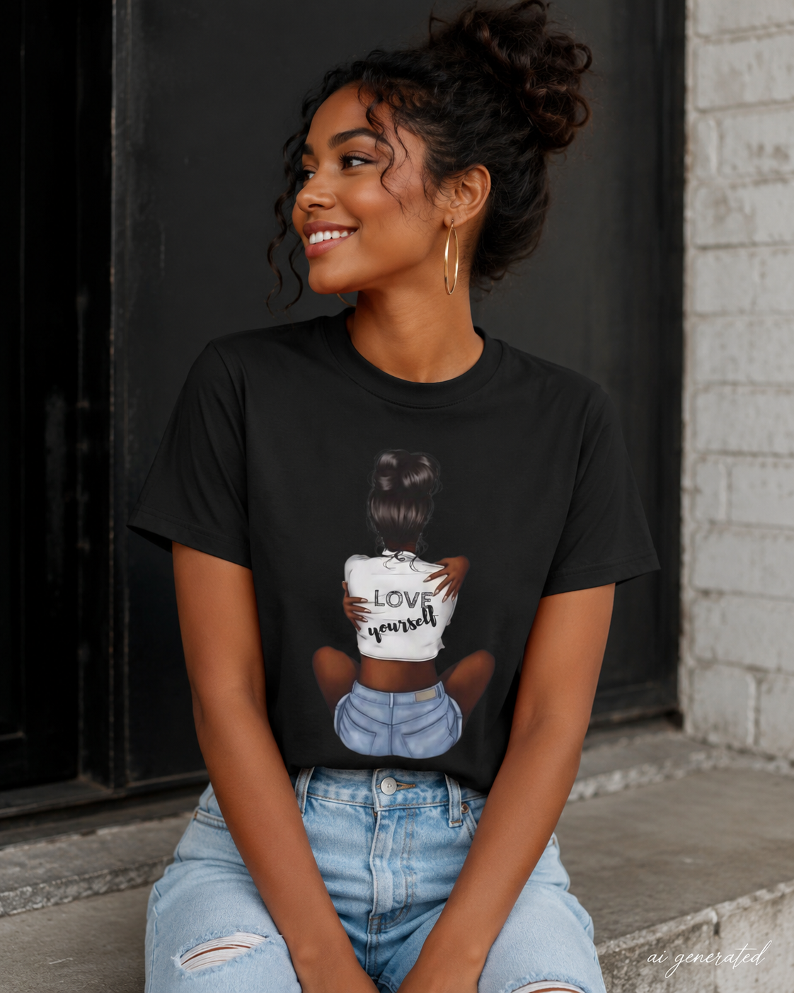 T-Shirt — 'Love Yourself' Graphic Tee, Hair Bun Illustration, Self-Love Casual Top